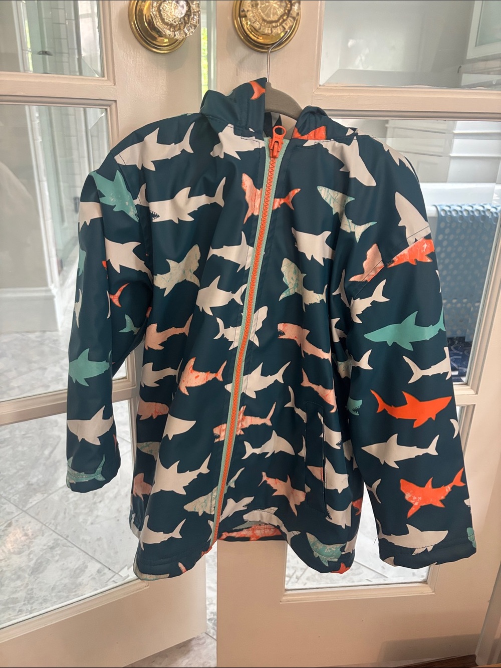 Hatley Navy Shark Print Raincoat with Orange & Teal Accents